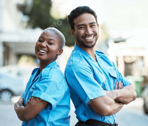 Preview: People, portrait and security guard smile with arms crossed in city for career safety or outdoor pr