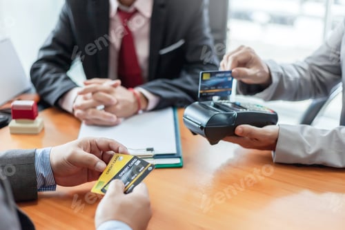Preview: Groups businessman and credit cards. Credit cards approve. Payment via credit card reader machine.