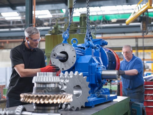 Preview: Engineers assembling industrial gearbox in engineering factory