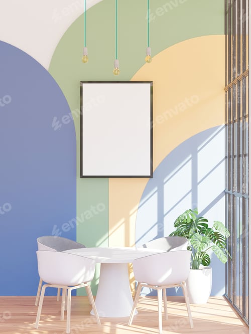 Bright Interior with Table, Chairs and Blank Frame