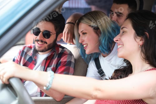 Preview: Group of friends travel together driving a car and making fun. Summer adventure.
