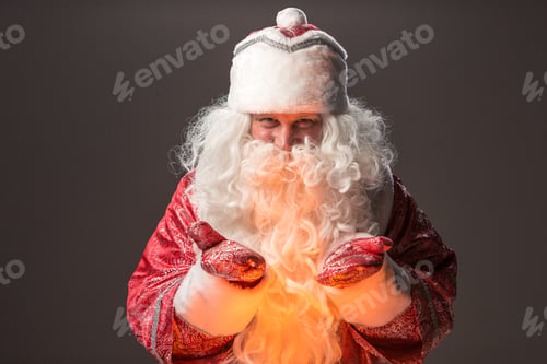 Preview: Happy Santa Claus In Eyeglasses Looking At Camera On Black Background