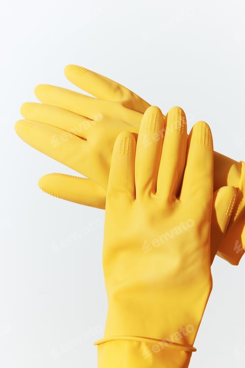 Preview: Yellow rubber gloves on white background, 3d ing