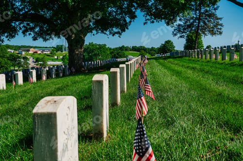 Preview: Serene view of a military cemetery with rows of tombstones and American flags on a clear sunny day