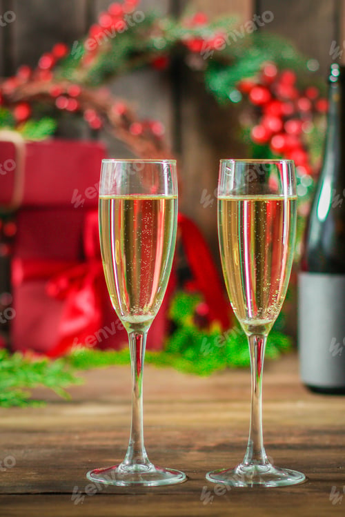 Preview: Champagne In Transparent Glasses And A Bottle (New Year'S Atmosphere, Christmas ) Happy Holidays