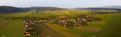 Preview: Village with houses on countryside surrounded by green nature from aerial view
