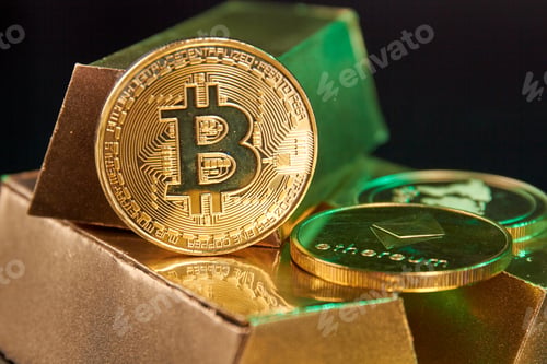 Preview: Cryptocurreny coins on the bunch of golden ingots.