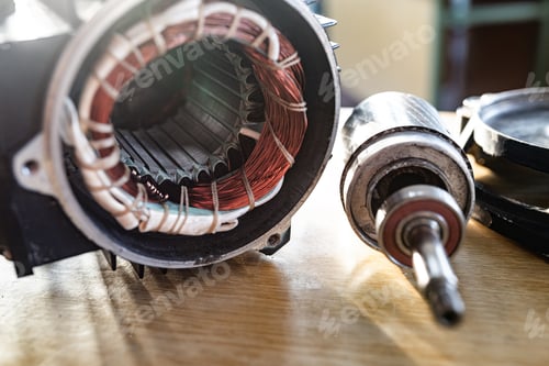 Preview: Close-up of a disassembled metal motor with wire