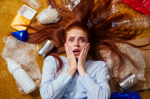 Preview: unhappy redhaired ginger girl sorting waste:bottle,paper and plastic lying down