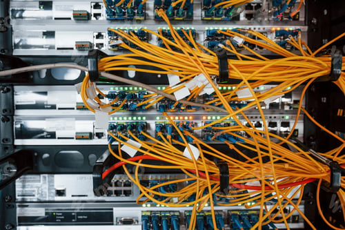 Preview: Close up view of internet equipment and cables in the server room