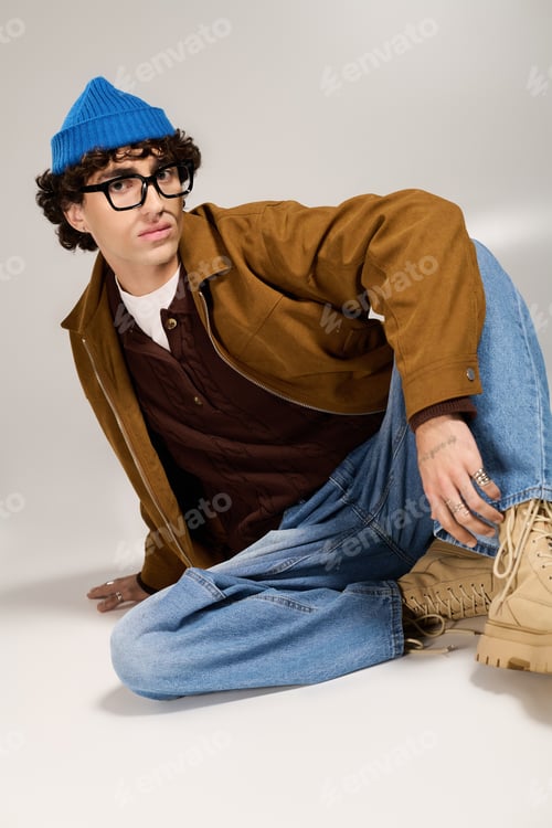 Preview: Young stylish man showcases modern fashion with unique accessories in a creative setting
