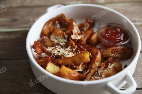 Preview: Fresh Fried French Fries With Ketchup On Wooden Background