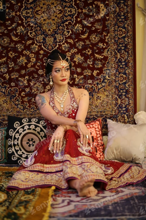 Preview: harming young woman wearing traditional saree, indoor