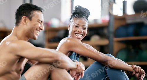 Preview: Fitness, relax or personal trainer with a happy client at gym for training, exercise or body workou
