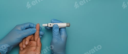 Preview: Nurse taking blood sample with lancet pen of diabetic patient for checking blood sugar level.