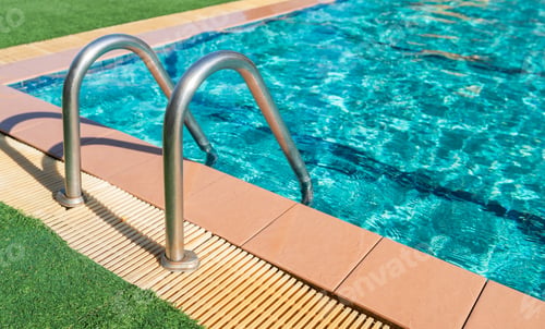 Preview: Swimming poolside with blue water and stairs and corner, Transparent free space for text present
