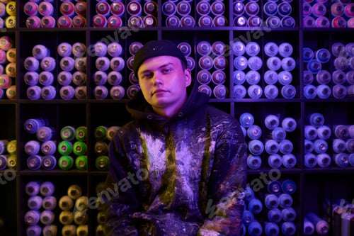Preview: Sitting by display with graffiti paints
