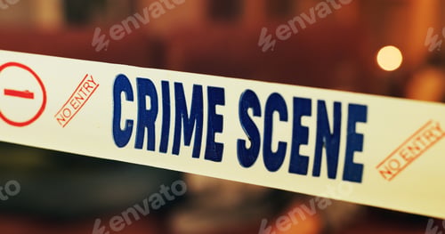 Preview: House, tape and crime scene for investigation, evidence and barricade for warning and danger. Home,
