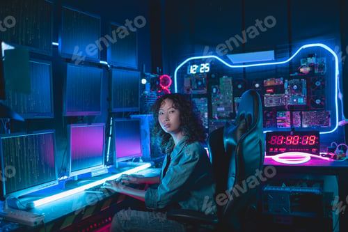 Preview: Portrait of Asian Women programmer, staring confidently into camera