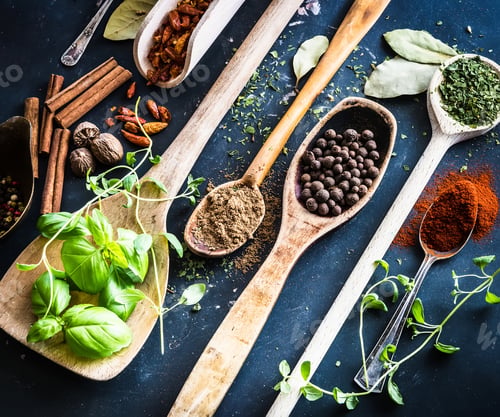 Preview: wooden spoons with spices and herbs