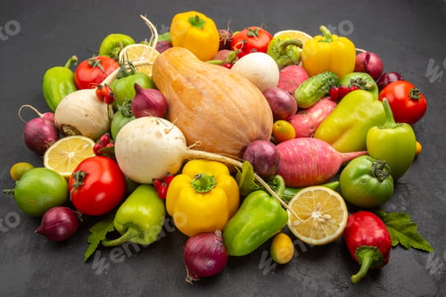 Preview: front view vegetable composition fresh vegetables with pumpkin on a dark background healthy life