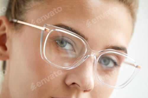 Preview: Close-up shot of smiling attractive happy and successful european blond female in sweater watch and