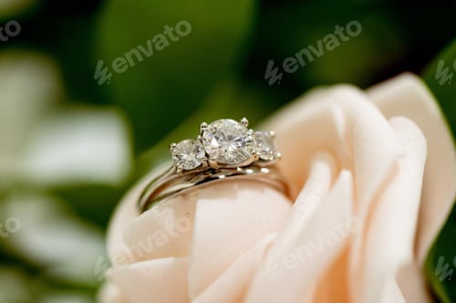 Preview: Macro shot of a beautiful engagement ring on a rose