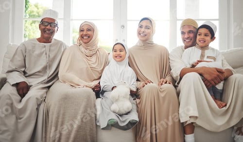 Preview: Smile, Islam and big family on sofa for Eid with parents, grandparents and kids for home culture in