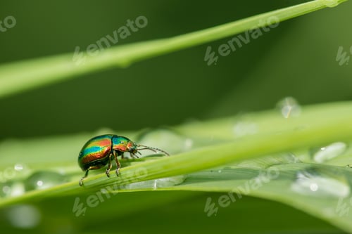 Preview: Jewel bug on blades of grass with dew drops.