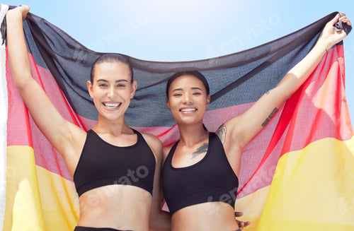 Preview: Women, sports team and German winner flag in exercise, workout or training competition success. Por