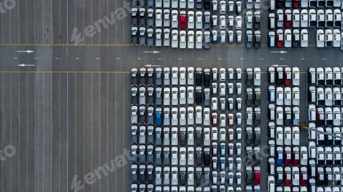 Preview: Aerial top view rows of new cars parked in distribution center on car factory.