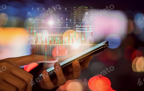 Preview: Stock exchange market concept, hand trader touching on smartphone with graphs analysis candle line.