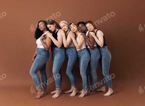 Preview: Full length of six women stands one after another with closed eyes