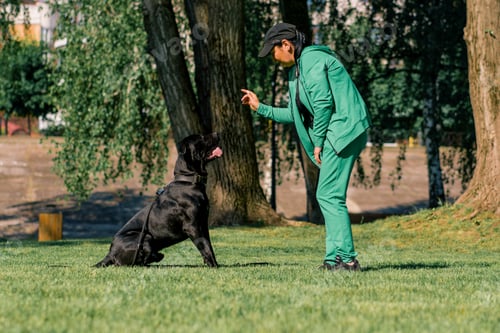 Preview: a woman trains a black dog of a large Cane Corso breed follows the owner's commands