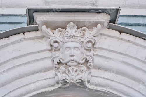 Preview: Decor of facade of estate of Heirs of the Demidovs, Perm, Russia. Bas-relief, depicting male face.