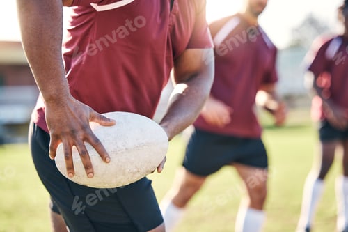 Preview: Hands, rugby and sports with a team on a field together for a game or match in preparation of a com