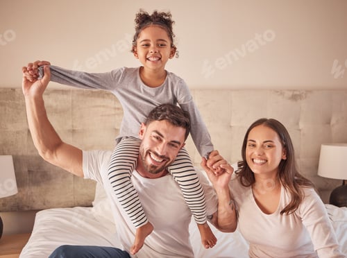 Preview: Family, mother and father with happy girl sitting in bedroom together spending quality time relaxin