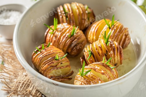 Preview: Tasty baked potatoes with herbs and oil. Scandinavian cuisine.