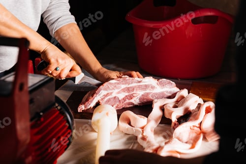 Preview: Crop of woman hands cutting raw pork meat in kitchen