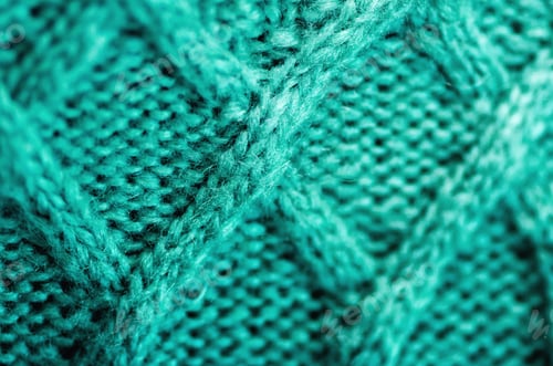 Preview: Knitted texture. Pattern fabric made of wool. Turquoise background, copy space