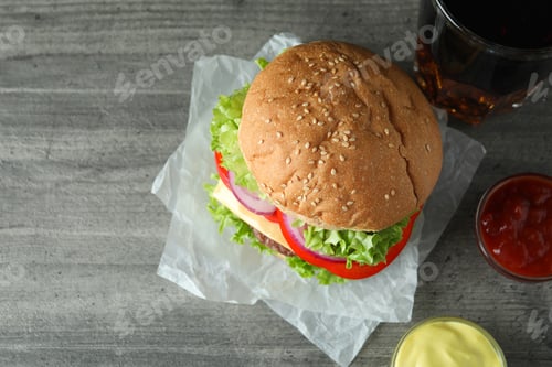 Preview: Concept of tasty food with delicious burger