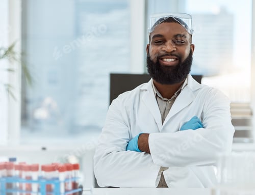 Preview: Medical science, portrait and a man in a laboratory for research, study and career pride. Happy bla