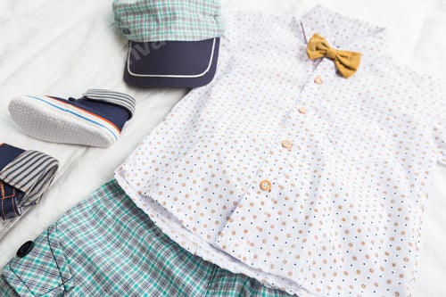 Preview: Baby boy clothes on white background