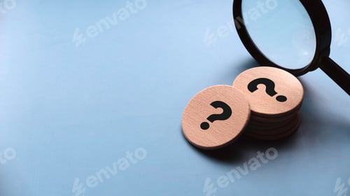 Preview: QnA or questions and answers concept. Wooden circle written with question mark symbol.