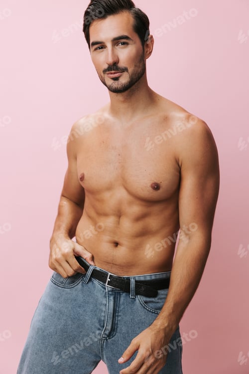 Preview: Belt man pink naked lifestyle sexy muscle background body jeans sport fitness muscular torso