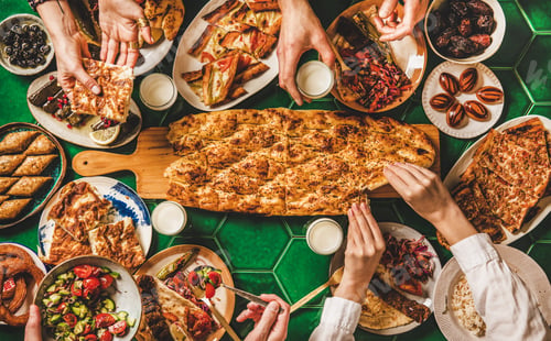 Preview: Muslim Ramadan iftar family dinner with Turkish foods and ayran
