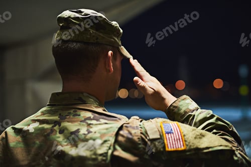Preview: Rearview shot of a young soldier standing at a military academy and saluting