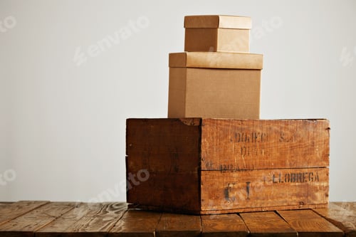 Preview: Blank corrugated cardboard boxes with vintage wooden box