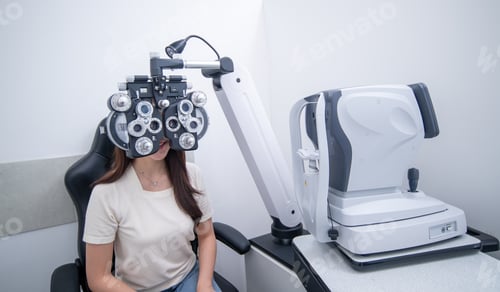 Preview: Woman optical shop customer doing eyesight measurement with optical phoropter check eye distance for