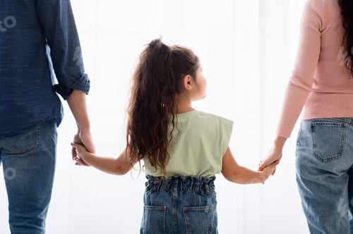 Preview: Family Support Concept. Little Girl Holding Hands With Mom And Dad, Closeup
